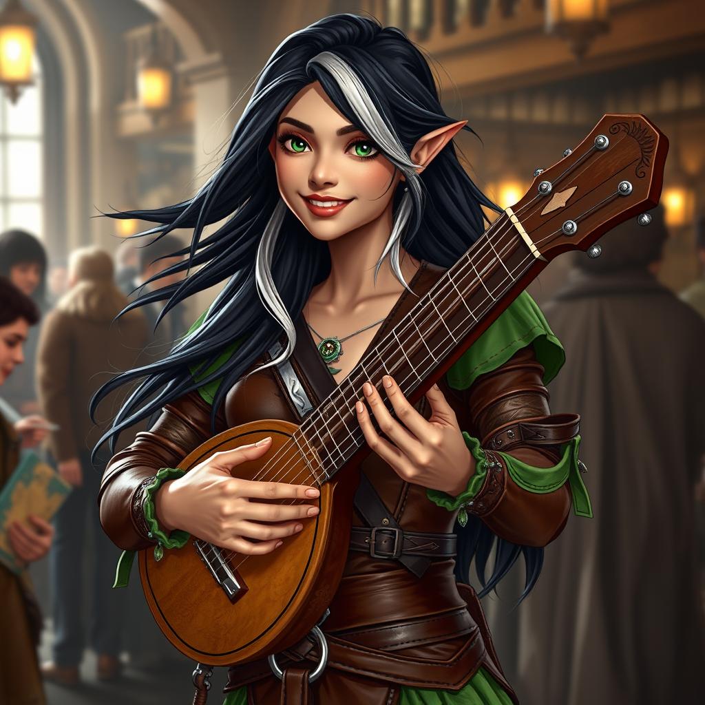 A full-body image of a young but mature-looking half-elf bard with flowing black hair streaked with white and soft green eyes, complemented by a gentle smile