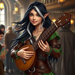 A full-body image of a young but mature-looking half-elf bard with flowing black hair streaked with white and soft green eyes, complemented by a gentle smile