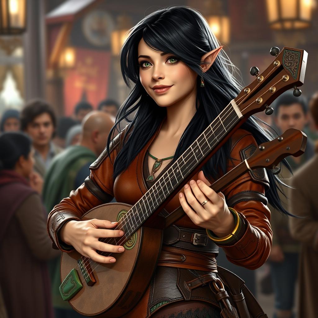 A full-body image of a young but mature-looking half-elf bard with flowing black hair streaked with white and soft green eyes, complemented by a gentle smile