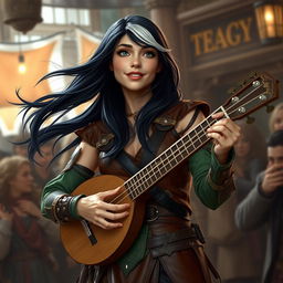 A full-body image of a young but mature-looking half-elf bard with flowing black hair streaked with white and soft green eyes, complemented by a gentle smile