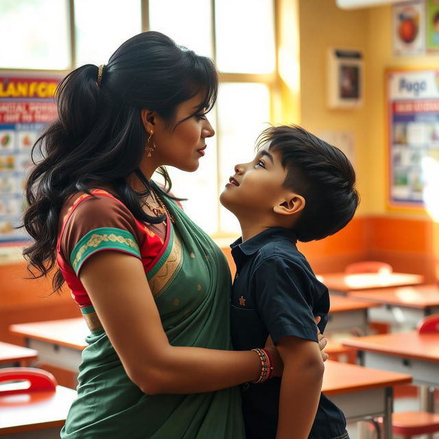 A romantic scene set in an Indian classroom, featuring a beautiful Indian female teacher with long black hair and a stylish saree, showcasing her curvaceous figure including prominent breasts