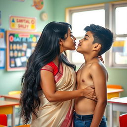 A romantic scene set in an Indian classroom, featuring a beautiful Indian female teacher with long black hair and a stylish saree, showcasing her curvaceous figure including prominent breasts