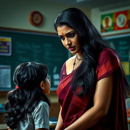 A dramatic scene in an Indian classroom, with a stern-looking Indian female teacher with long black hair, wearing a professional saree