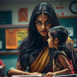 A dramatic scene in an Indian classroom, with a stern-looking Indian female teacher with long black hair, wearing a professional saree