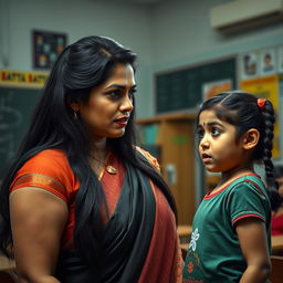 A dramatic scene in an Indian classroom, with a stern-looking Indian female teacher with long black hair, wearing a professional saree