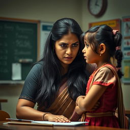 A dramatic scene in an Indian classroom, with a stern-looking Indian female teacher with long black hair, wearing a professional saree