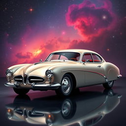 A vintage sedan designed in a space age style featuring a slick, streamlined body that showcases the elegance of the 1950s, reminiscent of the Talbot Lago