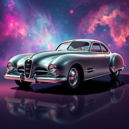 A vintage sedan designed in a space age style featuring a slick, streamlined body that showcases the elegance of the 1950s, reminiscent of the Talbot Lago