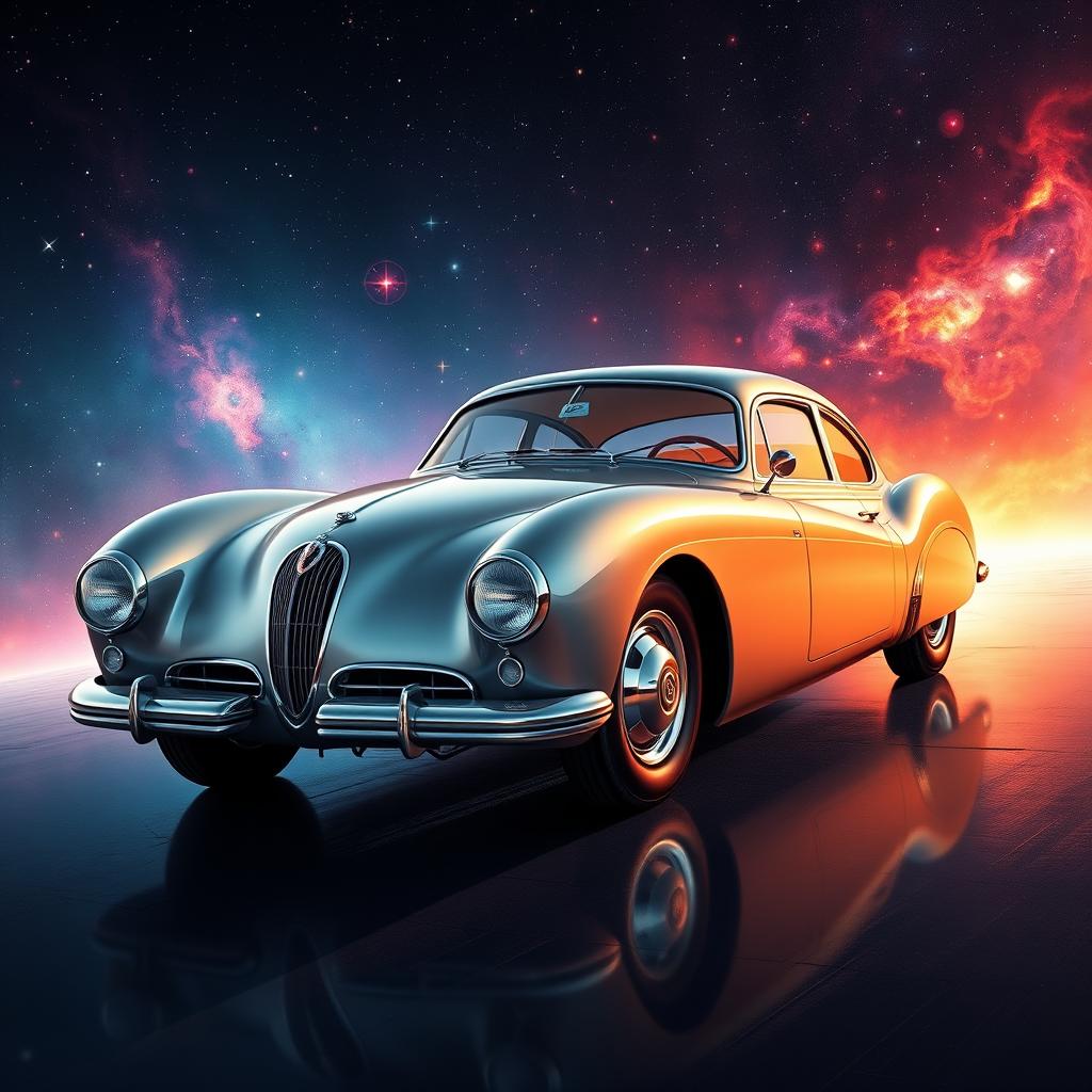 A vintage sedan designed in a space age style featuring a slick, streamlined body that showcases the elegance of the 1950s, reminiscent of the Talbot Lago