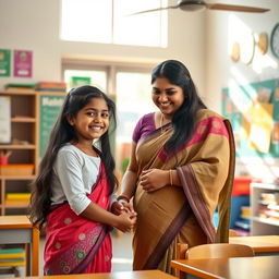 A warm and nurturing scene in an Indian classroom, featuring a kind Indian female teacher with long black hair, wearing a beautiful saree that highlights her curvy figure