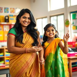 A warm and nurturing scene in an Indian classroom, featuring a kind Indian female teacher with long black hair, wearing a beautiful saree that highlights her curvy figure