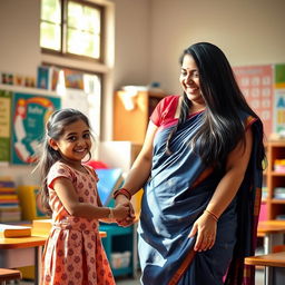 A warm and nurturing scene in an Indian classroom, featuring a kind Indian female teacher with long black hair, wearing a beautiful saree that highlights her curvy figure