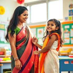 A warm and nurturing scene in an Indian classroom, featuring a kind Indian female teacher with long black hair, wearing a beautiful saree that highlights her curvy figure