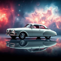 A vintage four-door sedan designed in a space age style with a slick, streamlined body that embodies the elegance and charm of the 1950s, inspired by the classic Talbot Lago