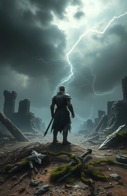 A mystical scene depicting the concept of 'lost power', showcasing a once-mighty warrior standing in a ruined landscape