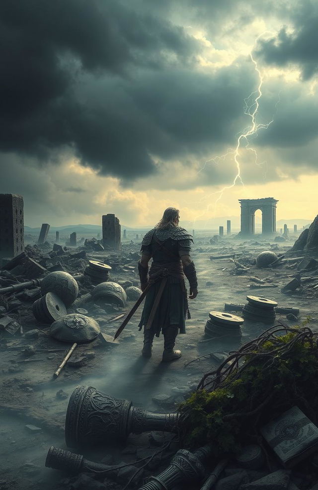 A mystical scene depicting the concept of 'lost power', showcasing a once-mighty warrior standing in a ruined landscape