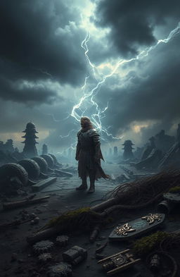 A mystical scene depicting the concept of 'lost power', showcasing a once-mighty warrior standing in a ruined landscape