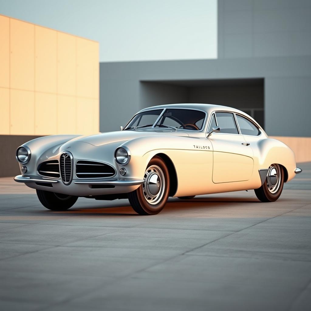 A vintage four-door car reimagined in a modern style design, featuring a slick, streamlined body that draws inspiration from the elegant Talbot Lago