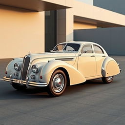 A vintage four-door car reimagined in a modern style design, featuring a slick, streamlined body that draws inspiration from the elegant Talbot Lago