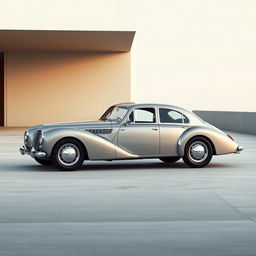 A vintage four-door car reimagined in a modern style design, featuring a slick, streamlined body that draws inspiration from the elegant Talbot Lago