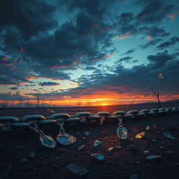 An abstract representation of 'lost power', featuring a series of broken chains lying in a barren landscape