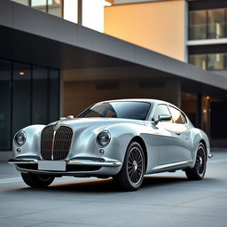 A modern four-door car featuring a sleek and slick body with realistic detailing, inspired by the elegant design of the Talbot Lago