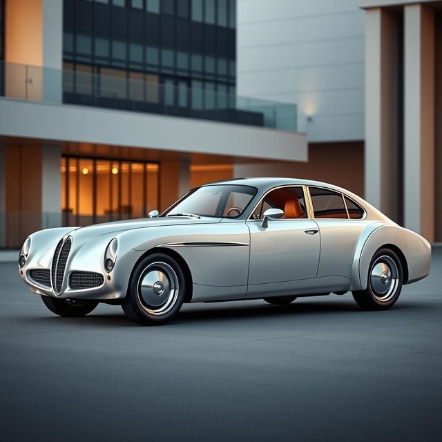 A modern four-door car featuring a sleek and slick body with realistic detailing, inspired by the elegant design of the Talbot Lago