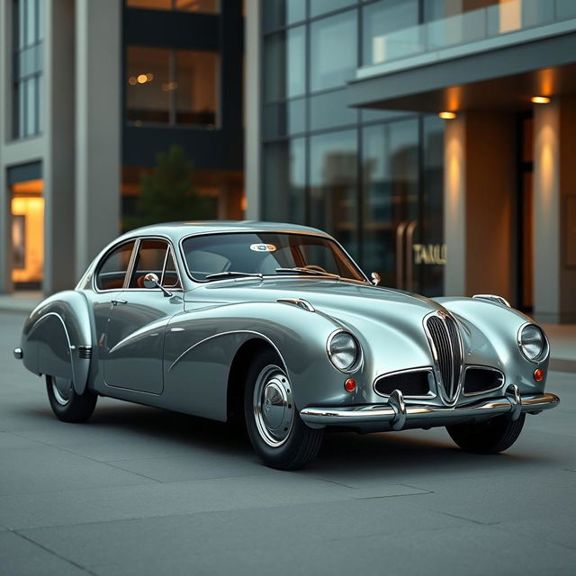 A modern four-door car with a slick, streamlined body featuring shaped fenders and a distinctive shaped radiator grill, inspired by the elegant design of the Talbot Lago