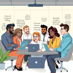 A motivational business illustration depicting a diverse group of professionals engaged in a vibrant workspace, discussing and collaborating