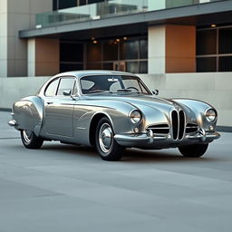 A modern four-door car with a slick, streamlined body featuring shaped fenders and a distinctive shaped radiator grill, inspired by the elegant design of the Talbot Lago