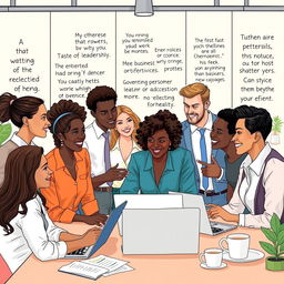 A motivational business illustration depicting a diverse group of professionals engaged in a vibrant workspace, discussing and collaborating