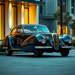 A modern four-door car with a slick, streamlined body featuring shaped fenders and a distinctive shaped radiator grill, inspired by the elegant design of the Talbot Lago