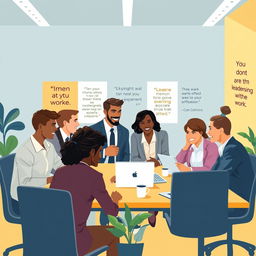 A motivational business illustration depicting a diverse group of professionals engaged in a vibrant workspace, discussing and collaborating