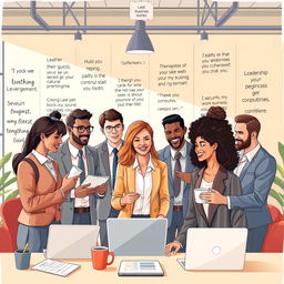 A motivational business illustration depicting a diverse group of professionals engaged in a vibrant workspace, discussing and collaborating