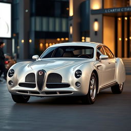 A modern four-door car with a slick, aerodynamic body and realistic detailing, inspired by the elegant design of the Talbot Lago