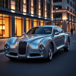 A modern four-door car with a slick, aerodynamic body and realistic detailing, inspired by the elegant design of the Talbot Lago