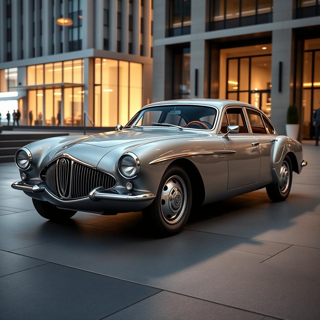 A modern four-door car with a slick, aerodynamic body and realistic detailing, inspired by the elegant design of the Talbot Lago