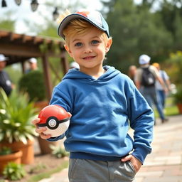 A young blonde boy with a classic hairstyle and bright blue eyes, dressed as a Pokémon trainer