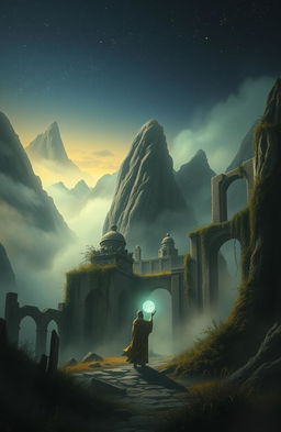 A mysterious landscape depicting a forsaken realm of reincarnation, featuring fog-covered mountains, ancient ruins, and ethereal wisps of spirit energy