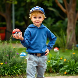 A young blonde boy with a classic hairstyle and bright blue eyes, dressed as a Pokémon trainer