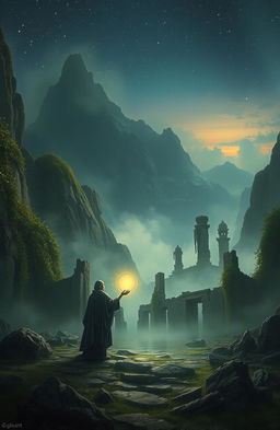 A mysterious landscape depicting a forsaken realm of reincarnation, featuring fog-covered mountains, ancient ruins, and ethereal wisps of spirit energy