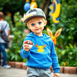 A young blonde boy with a classic hairstyle and bright blue eyes, dressed as a Pokémon trainer