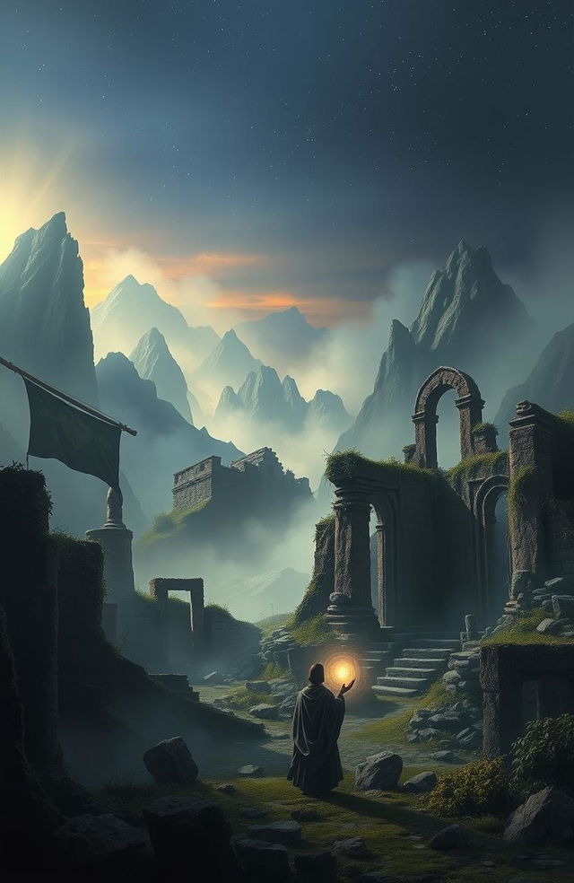 A mysterious landscape depicting a forsaken realm of reincarnation, featuring fog-covered mountains, ancient ruins, and ethereal wisps of spirit energy