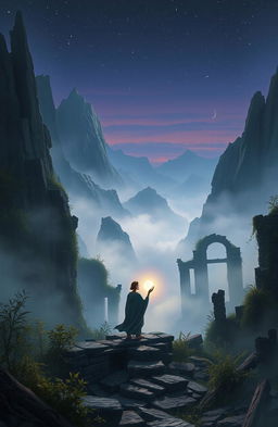 A mysterious landscape depicting a forsaken realm of reincarnation, featuring fog-covered mountains, ancient ruins, and ethereal wisps of spirit energy