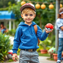 A young blonde boy with a classic hairstyle and bright blue eyes, dressed as a Pokémon trainer