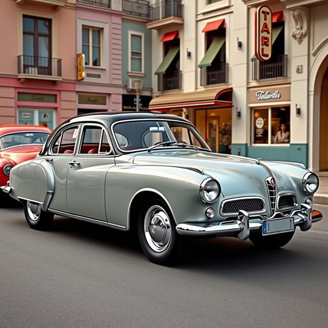 A vintage 1950s four-door car with a slick, streamlined body and realistic details, inspired by the elegant design of the Talbot Lago