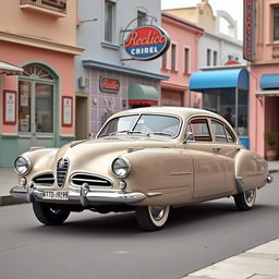 A vintage 1950s four-door car with a slick, streamlined body and realistic details, inspired by the elegant design of the Talbot Lago