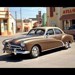 A vintage 1950s four-door car with a slick, streamlined body and realistic details, inspired by the elegant design of the Talbot Lago