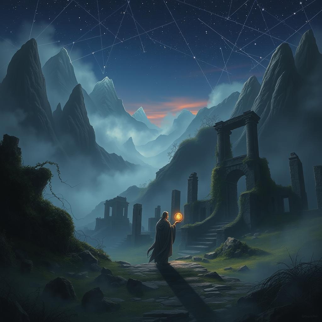 A mysterious landscape depicting a forsaken realm of reincarnation, featuring fog-covered mountains, ancient ruins, and ethereal wisps of spirit energy