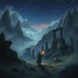 A mysterious landscape depicting a forsaken realm of reincarnation, featuring fog-covered mountains, ancient ruins, and ethereal wisps of spirit energy